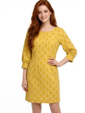 Boden Kate Mustard Yellow Pineapple 3/4 Sleeve 100% Linen Dress Size 8 Petite